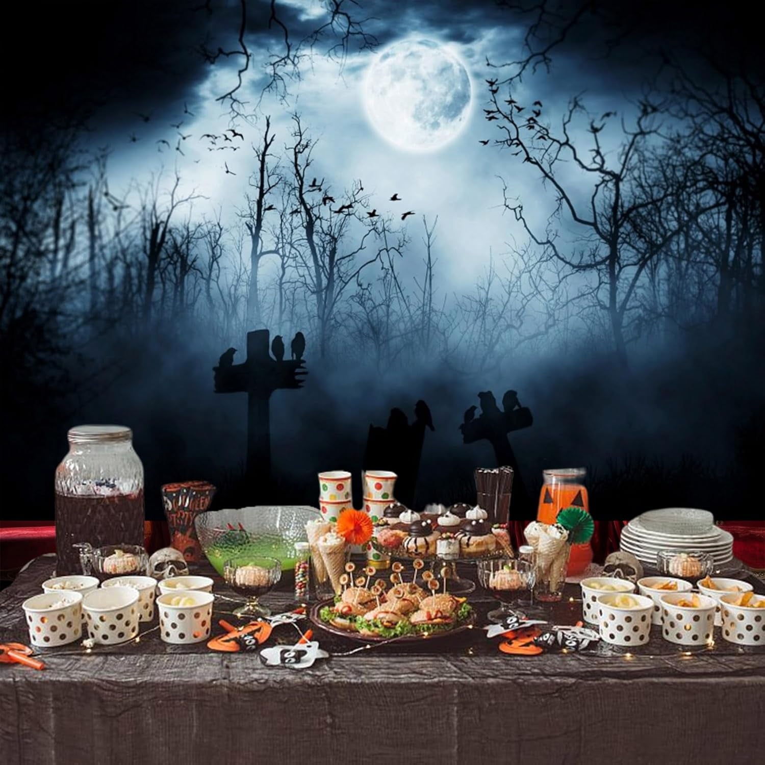 7X5Ft Vinyl Halloween Theme Backdrop Gloomy Scene Photography Background Scary Graveyard Tombstone Scary Night Ghost Full Moon Children Baby Adults Portraits Photo Studio