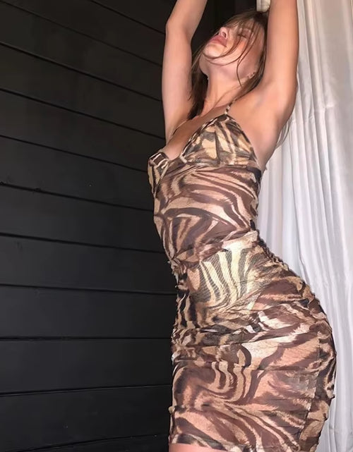 Load image into Gallery viewer, Low Cut V-Neck Sexy Leopard Ruched Dress Sleeveless Summer Sling Backless Slim Mini Dresses Street Casual Wear
