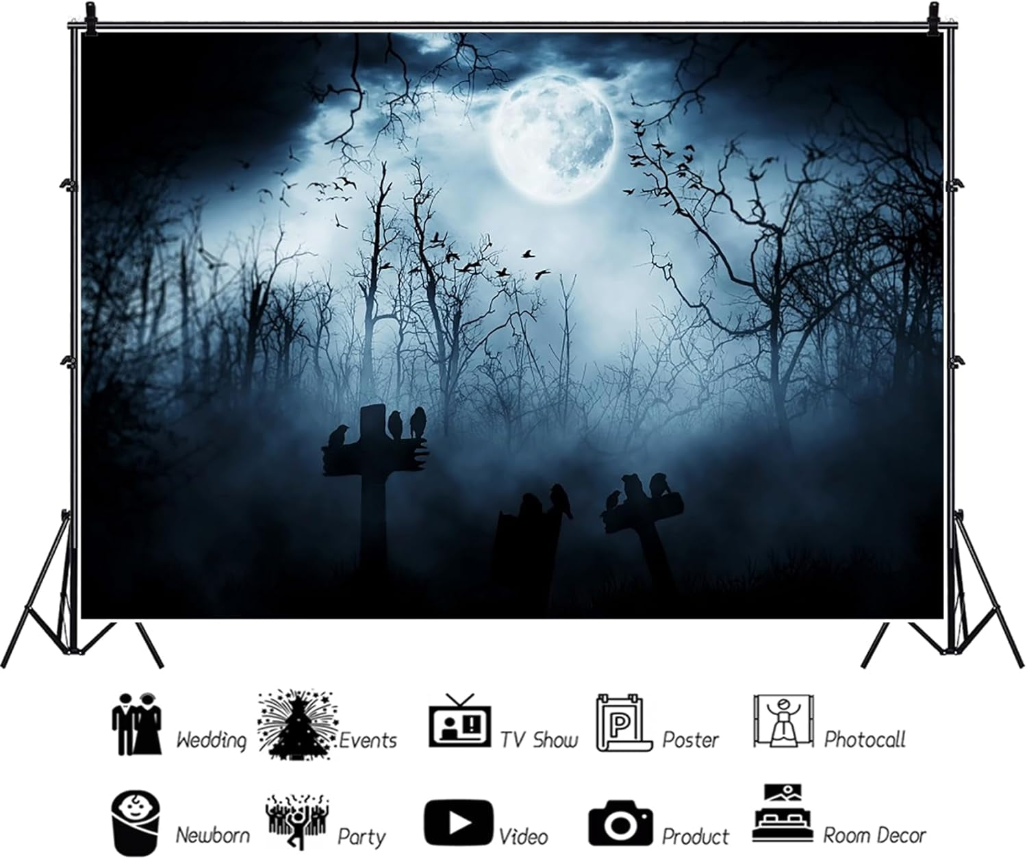 7X5Ft Vinyl Halloween Theme Backdrop Gloomy Scene Photography Background Scary Graveyard Tombstone Scary Night Ghost Full Moon Children Baby Adults Portraits Photo Studio