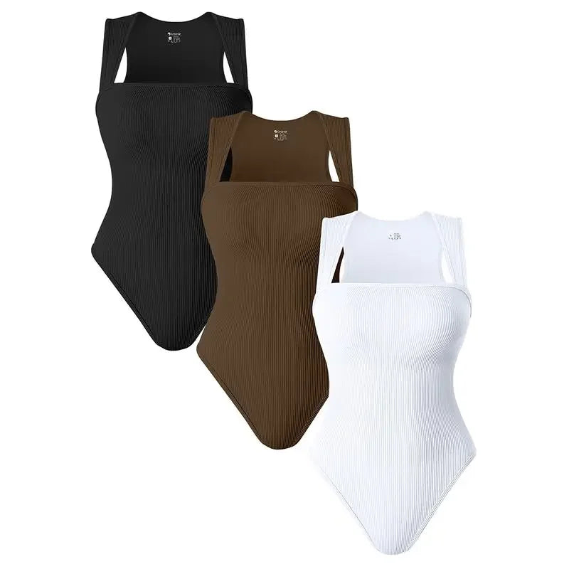 Women'S 3 Piece Bodysuits Sexy Ribbed Strappy Square Neck Sleeveless Body Control Abdomen Tops for Women High Quality Bodysuits