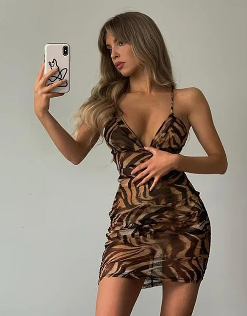 Load image into Gallery viewer, Low Cut V-Neck Sexy Leopard Ruched Dress Sleeveless Summer Sling Backless Slim Mini Dresses Street Casual Wear
