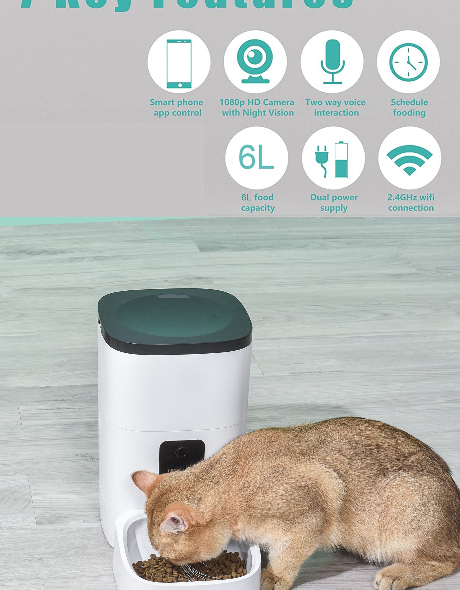 Pet Feeder,6L Automatic Pet Feeder for Cats and Dogs,1080P Camera,App Control,Voice Recorder,Timed Feeder for Schedule Feeding, Dual Power Supply,Wifi Pet Food Dispenser with App Control